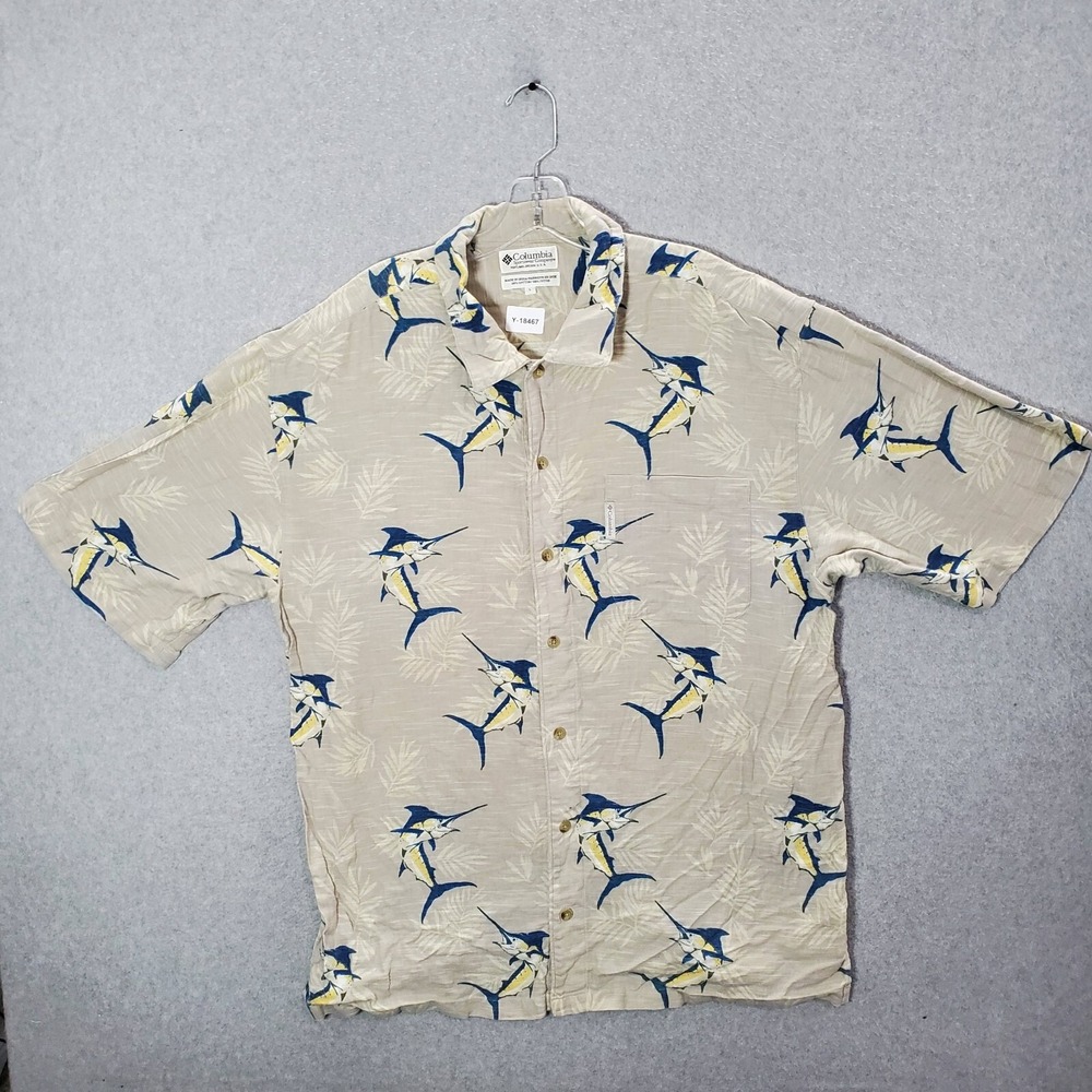 Columbia Men Button Up Shirt Large Beige Swordfish Hawaiian Pocket Collar Cotton